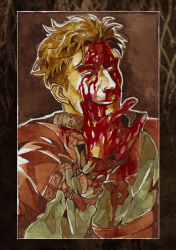 Rule 34 | 1boy, absurdres, artemy burakh, beard stubble, blood, blood on clothes, blood on face, blood on hands, border, brown background, brown hair, facial hair, hand on own face, highres, looking to the side, male focus, mature male, mustache stubble, pathologic, pathologic 2, short hair, smile, solo, stubble, ultra-baklan-the-ovosh, upper body, white border