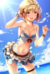 Rule 34 | 10s, 1girl, alternate costume, armpits, bare shoulders, blonde hair, blush, bob cut, breasts, brown eyes, cleavage, clothing cutout, cloud, day, djeeta (granblue fantasy), djeeta (summer) (granblue fantasy), frilled skirt, frills, granblue fantasy, hairband, highres, light particles, lips, looking at viewer, medium breasts, miniskirt, navel, navel cutout, one-piece swimsuit, open mouth, outdoors, short hair, skirt, solo, sunlight, swimsuit, thighs, toki (toki ship8), water