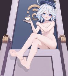 Rule 34 | 1girl, absurdres, ahoge, blue eyes, blue hair, blue hat, breasts, chinese commentary, commentary request, covering breasts, covering privates, crossed legs, cup, drop-shaped pupils, feet, furina (genshin impact), genshin impact, hair between eyes, hat, heterochromia, highres, holding, holding saucer, legs, light blue hair, looking at viewer, medium hair, miaopa2s, mismatched pupils, multicolored hair, navel, nude, open mouth, saucer, sidelocks, sitting, small breasts, smile, solo, steam, stomach, streaked hair, symbol-shaped pupils, teacup, thighs, toes, top hat, two-tone hair