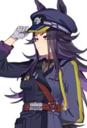 1girl animal_ears belt black_hat closed_mouth ears_through_headwear fenomeno_(umamusume) fig_(lchijiku) flipped_hair gloves hat horse_ears horse_girl jacket long_hair long_sleeves peaked_cap police police_uniform purple_eyes purple_hair simple_background solo umamusume upper_body white_background white_gloves