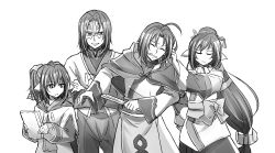 Rule 34 | 2boys, 2girls, age difference, ahoge, ainu clothes, animal ears, aquaplus, b castle346, book, breasts, brother and sister, closed eyes, closed mouth, curvy, dress, eyelashes, family, grabbing, greyscale, grimace, hair ribbon, haku (utawarerumono), hand fan, head tilt, height difference, highres, holding, holding book, holding fan, holding weapon, kuon (utawarerumono), long dress, long hair, looking at another, looking to the side, mask, monochrome, multiple boys, multiple girls, nekone (utawarerumono), open mouth, pain, ponytail, ribbon, robe, siblings, small breasts, smile, swept bangs, teeth, twintails, ukon (utawarerumono), utawarerumono, utawarerumono: itsuwari no kamen, very long hair, weapon