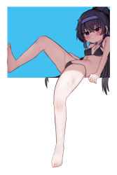 Rule 34 | 1girl, absurdres, bare arms, bare legs, bare shoulders, barefoot, bikini, black bikini, black hair, blue archive, blush, breasts, closed mouth, commentary, english commentary, full body, hairband, highres, jewelry, long hair, miaoema, mixed-language commentary, official alternate costume, pendant, purple eyes, purple hairband, small breasts, solo, swimsuit, ui (blue archive), ui (swimsuit) (blue archive)