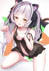 Rule 34 | 1girl, animal ears, barefoot, black negligee, black ribbon, blush, bow, breasts, cat ears, cat tail, grey hair, hair ribbon, highres, hololive, lingerie, long hair, looking at viewer, murasaki shion, navel, negligee, open mouth, panties, paw pose, ribbon, small breasts, solo, tail, tail bow, tail ornament, tk@illustration, twintails, underwear, underwear only, virtual youtuber, white background, yellow eyes