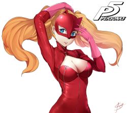Rule 34 | 10s, 1girl, aori sora, arms up, blonde hair, blue eyes, bodysuit, breasts, cleavage, cleavage cutout, clothing cutout, commentary, copyright name, earrings, elbow gloves, gloves, hand on own head, jewelry, large breasts, light smile, long hair, mask, parted lips, persona, persona 5, red bodysuit, signature, simple background, solo, stud earrings, takamaki anne, tsurime, twintails, upper body, white background, zipper