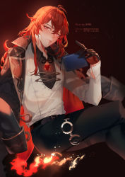Rule 34 | 1boy, ahoge, artist name, black background, black gloves, book, coat, coat on shoulders, diluc (genshin impact), fire, genshin impact, gloves, highres, instagram username, long hair, long sleeves, looking at viewer, low-tied long hair, male focus, red eyes, red hair, shei99, shirt, simple background, solo, twitter username, vest, white shirt