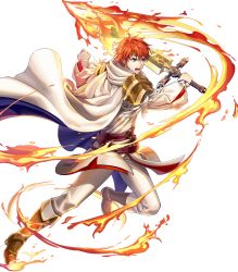 Rule 34 | 1boy, alternate costume, belt, blue eyes, boots, cape, circlet, eliwood (fire emblem), feathers, fire, fire emblem, fire emblem: the blazing blade, fire emblem heroes, full body, highres, male focus, nintendo, official art, open mouth, red hair, solo, sword, teeth, transparent background, weapon