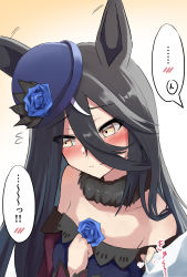 Rule 34 | !?, ..., 1girl, 1other, animal ears, bare shoulders, black hair, blue flower, blue hat, blue rose, blush, closed mouth, commentary request, cosplay, dress, ear wiggle, embarrassed, flower, flying sweatdrops, hair between eyes, hand on own chest, hat, highres, horse ears, long hair, looking away, manhattan cafe (umamusume), off-shoulder dress, off shoulder, open mouth, out of frame, parted lips, rice shower (umamusume), rice shower (umamusume) (cosplay), rose, shimofuji jun, shirt tug, solo, speech bubble, spoken blush, spoken ellipsis, t-head trainer, trainer (umamusume), translation request, umamusume, upper body, yellow eyes