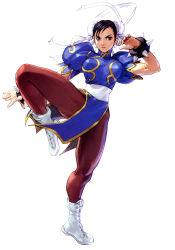 Rule 34 | 1girl, black hair, boots, bracelet, breasts, bun cover, capcom, china dress, chinese clothes, chun-li, double bun, dress, earrings, fighting stance, jewelry, kawano takuji, large breasts, leg up, legs, namco, namco x capcom, official art, pantyhose, pelvic curtain, sash, solo, spiked bracelet, spikes, standing, standing on one leg, street fighter, thick thighs, thighs