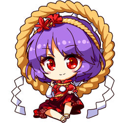 Rule 34 | 1girl, chibi, ginkgo leaf, hair ornament, hairband, hand on own knee, layered clothes, layered sleeves, leaf, leaf hair ornament, long sleeves, looking at viewer, lowres, maple leaf, md5 mismatch, puffy short sleeves, puffy sleeves, purple hair, red eyes, red shirt, red skirt, renren (ah renren), rope, sandals, shimenawa, shinobu shinobu, shirt, short hair, short over long sleeves, short sleeves, simple background, sitting, skirt, smile, solo, touhou, white background, yasaka kanako