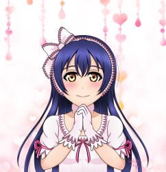 Rule 34 | 1girl, artist name, artist request, blue hair, blush, bow, breasts, brown eyes, choker, collarbone, curly hair, dress, female focus, gloves, hair between eyes, hairband, heart, heart (symbol), highres, long hair, looking at viewer, love live!, love live! school idol festival, love live! school idol project, own hands together, parted lips, pink bow, pink choker, pink dress, pink gloves, pink hairband, pink ribbon, plaid, plaid dress, pleated, pleated dress, puffy short sleeves, puffy sleeves, ribbon, shiranai love oshiete love, short sleeves, small breasts, smile, solo, sonoda umi, upper body, white background, white bow, white dress, white gloves, white hairband, yellow eyes