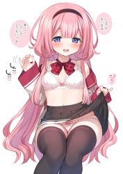 Rule 34 | 1girl, absurdres, black thighhighs, blush, bra, commentary request, fellatio gesture, finger to mouth, hair between eyes, headband, highres, jacket, long hair, looking at viewer, mankai kaika, nijisanji, panties, pink hair, purple eyes, simple background, sitting, smile, solo, suo sango, suo sango (1st costume), thighhighs, translation request, underwear, virtual youtuber, white background