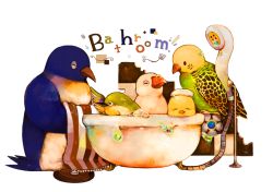 Rule 34 | bathtub, bird, buku (bunnbuk), chick, no humans, original, penguin, phone, toucan, towel, towel on head