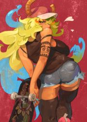 Rule 34 | 1girl, ass, baseball cap, black bra, black shirt, black thighhighs, blonde hair, blue hair, blue nails, blush, bra, bra strap, breasts, commentary, contrapposto, denim, denim shorts, dragon horns, english commentary, feet out of frame, from behind, hair between eyes, hat, heart, highres, holding, holding skateboard, horns, huge breasts, khyle., kobayashi-san chi no maidragon, long hair, looking at viewer, looking back, lucoa (maidragon), multicolored eyes, multicolored hair, nail polish, pink footwear, pink hat, quetzalcoatl (mythology), shirt, shoes, short shorts, shorts, sideboob, skateboard, sneakers, solo, tank top, tattoo, thighhighs, two-tone hair, underwear, very long hair