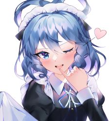 Rule 34 | 1girl, ;d, blue hair, drill hair, drill sidelocks, hair rings, heart, highres, j (ppxx3543), kaku seiga, looking at viewer, maid, maid headdress, one eye closed, open mouth, short hair, sidelocks, simple background, smile, solo, touhou, upper body, white background