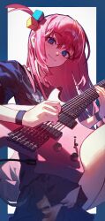 Rule 34 | 1girl, blue eyes, blush, bocchi the rock!, bracelet, cube hair ornament, dethmaid, electric guitar, from below, gotoh hitori, guitar, hair ornament, highres, holding, holding instrument, instrument, jewelry, looking at viewer, music, nail polish, pink hair, playing instrument, pleated skirt, short sleeves, side ponytail, simple background, skirt, smile, solo