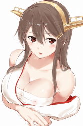 Rule 34 | 10s, 1girl, breasts, brown eyes, brown hair, cleavage, collarbone, commentary request, covered erect nipples, hair between eyes, hair ornament, hair over shoulder, hairclip, haruna (kancolle), headgear, kantai collection, large breasts, long hair, looking at viewer, nontraditional miko, off shoulder, open mouth, poco (backboa), sarashi, simple background, solo, upper body, white background