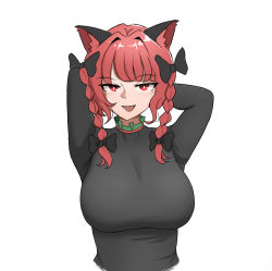 Rule 34 | 1girl, :d, animal ears, arms behind head, black bow, bow, breasts, cat ears, commentary, english commentary, hair bow, highres, kaenbyou rin, large breasts, long sleeves, looking at viewer, mata (matasoup), medium hair, open mouth, red eyes, red hair, sexually suggestive, simple background, smile, solo, touhou, upper body, white background