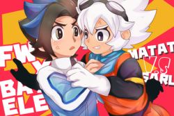 Rule 34 | 10s, 2boys, anger vein, bad id, bad pixiv id, blue hair, brown hair, character name, clenched teeth, earth eleven, gloves, goggles, goggles on head, inazuma eleven (series), inazuma eleven go, inazuma eleven go chrono stone, inazuma eleven go galaxy, jacket, lightning bolt symbol, lowres, male focus, matatagi hayato, minb, multicolored hair, multiple boys, open mouth, saryuu evan, teeth, track jacket, two-tone hair, white hair