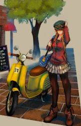 Rule 34 | 1girl, bag, blue eyes, boots, braid, cabbie hat, cafe, chalkboard, duffel bag, frilled skirt, frills, full body, goggles, goggles on headwear, hair over shoulder, hand on headwear, hat, heart, highres, jacket, jittsu, long hair, menu board, miniskirt, motor vehicle, orange hair, original, outdoors, pantyhose, pavement, scooter, skirt, smile, solo, standing, tree, twin braids, vehicle