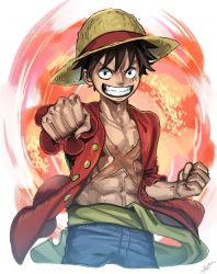 Rule 34 | 1boy, black hair, commentary request, fujitachobi, hat, highres, looking at viewer, male focus, monkey d. luffy, one piece, pectorals, scar, short hair, smile, solo, straw hat, teeth