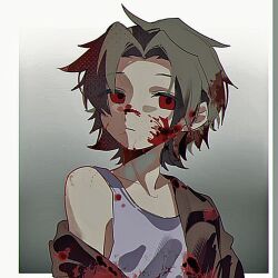 Rule 34 | 1boy, blood, blood in hair, blood on clothes, blood on face, blood on shoulder, brown jacket, chromatic aberration, closed mouth, jacket, light brown hair, male focus, off shoulder, open clothes, open jacket, parted bangs, quanmei233, red eyes, saibou shinkyoku, shinano eiji, short hair, solo, tank top, upper body, white tank top