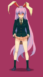 Rule 34 | 1girl, animal ears, clothes lift, female focus, full body, jean (jean sp), long hair, rabbit ears, red eyes, reisen udongein inaba, simple background, skirt, skirt lift, solo, touhou, very long hair