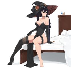 Rule 34 | 1girl, absurdres, alternate breast size, alternate costume, bare shoulders, bed, black dress, black gloves, black hair, black hat, boots, bottle, breasts, bridal garter, collarbone, curvy, dress, elbow gloves, facing viewer, full body, gen.fleur, genshin impact, gloves, green eyes, hat, highres, large breasts, looking to the side, mona (genshin impact), on bed, pelvic curtain, shoes, side slit, simple background, single shoe, single thigh boot, single thighhigh, sitting, solo, strapless, strapless dress, thigh boots, thighhighs, thighs, tiptoes, twintails, water bottle, white background, witch, witch hat