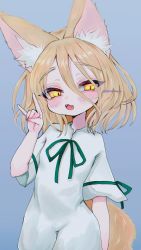Rule 34 | 1girl, animal ear fluff, animal ears, artist name, blonde hair, blue background, blush, bow, eyes visible through hair, face, fox ears, fox tail, green bow, green neckwear, hair between eyes, hand up, highres, holding, jumpsuit, kudamaki tsukasa, looking at viewer, open mouth, renakobonb, short hair, short sleeves, simple background, smile, solo, standing, tail, touhou, white jumpsuit, white sleeves, wide sleeves, yellow eyes
