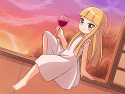 Rule 34 | 1girl, akino miyo, alcohol, barefoot, blonde hair, blue eyes, blunt bangs, blush, commentary request, cup, dress, drinking glass, dusk, feet, gradient sky, highres, holding, holding cup, kato-shun, long hair, looking at viewer, sitting, sky, sleeveless, sleeveless dress, smile, solo, sunset, toes, wakaokami wa shougakusei, white dress, wine, wine glass
