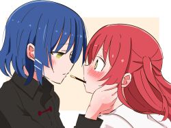 Rule 34 | 2girls, absurdres, black shirt, blue hair, blush, bocchi the rock!, check commentary, commentary request, earrings, eye contact, food, green eyes, highres, jewelry, jinyama, kita ikuyo, long hair, looking at another, mouth hold, multiple girls, pocky, pocky kiss, red hair, shared food, shirt, short hair, stud earrings, white shirt, yamada ryo, yuri
