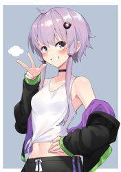 Rule 34 | 1girl, :d, bare shoulders, black choker, black jacket, blush, breasts, choker, grey background, grin, hand on own hip, highres, jacket, long sleeves, looking at viewer, midriff, navel, off shoulder, open clothes, open jacket, open mouth, outside border, parted lips, purple hair, shirt, short hair with long locks, sidelocks, simple background, small breasts, smile, solo, sweater, tank top, upper body, v, vocaloid, voiceroid, white shirt, yellow eyes, yuzuki yukari, zooanime