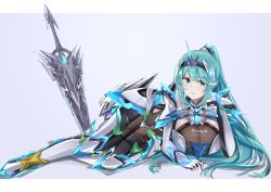 Rule 34 | 1girl, breasts, chest jewel, earrings, full body, gloves, green eyes, green hair, grey background, high heels, highres, jewelry, large breasts, long hair, looking at viewer, lying, on side, pneuma (xenoblade), ponytail, sarasadou dan, smile, solo, spoilers, swept bangs, sword, tiara, very long hair, weapon, xenoblade chronicles (series), xenoblade chronicles 2