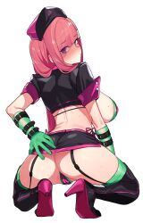 Rule 34 | 1girl, ass, back, bikini, blush, boots, breasts, closed mouth, cosplay, crotch, fate/grand order, fate (series), florence nightingale (fate), florence nightingale (trick or treatment) (fate), florence nightingale (trick or treatment) (fate) (cosplay), from behind, gloves, green bikini, green gloves, green thighhighs, hat, high heel boots, high heels, highres, large breasts, layered bikini, long hair, looking at viewer, looking back, microskirt, miniskirt, nurse cap, official alternate costume, original, pink hair, revealing clothes, rubber gloves, shrug (clothing), side-tie skirt, simple background, skirt, solo, squatting, squatting cowgirl position, suisogenshi, swimsuit, thigh boots, thighhighs, thighhighs under boots