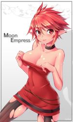 Rule 34 | 00s, :p, breasts, choker, dress, dungeon and fighter, elf, mage (dungeon and fighter), pantyhose, pointy ears, ranken, red dress, red eyes, red hair, sweat, tagme, tongue, tongue out, torn clothes, torn pantyhose, undressing, white background