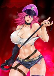 Rule 34 | 1girl, belt, black collar, black gloves, blue eyes, breasts, capcom, cleavage, collar, collarbone, commentary request, covered erect nipples, cowboy shot, crop top, elbow gloves, eyelashes, final fight, fingerless gloves, gloves, gluteal fold, hair between eyes, hat, highres, holding, holding whip, large breasts, lips, lipstick, makeup, midriff, nail polish, navel, no bra, peaked cap, pink hair, poison (final fight), police hat, purple hat, purple nails, red lips, short shorts, shorts, single glove, sk (sk-g), solo, spiked hair, stomach, street fighter, street fighter v, sweat, tank top, thigh strap, torn clothes, torn tank top, whip, white belt, white tank top