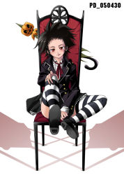 Rule 34 | 00s, 1girl, black &amp; white, chair, covering crotch, covering privates, d.gray-man, goth fashion, jack-o&#039;-lantern, patterned legwear, pumpkin, red eyes, red upholstery, road kamelot, shinozuka jouji, shoes, solo, striped clothes, striped thighhighs, thighhighs, two-tone stripes, umbrella, white background