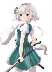 Rule 34 | 1girl, absurdres, blue eyes, cowboy shot, from behind, hairband, highres, hitodama, holding, holding sword, holding weapon, konpaku youmu, konpaku youmu (ghost), looking at viewer, neck ribbon, puffy short sleeves, puffy sleeves, ribbon, short hair, short sleeves, skirt, skirt set, smile, solo, suiren nei, sword, touhou, vest, weapon, white background, white hair