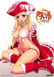 Rule 34 | 10s, 1girl, alternate hair color, black panties, blonde hair, blush, breasts, captain liliana, copyright name, female focus, hat, highres, large breasts, long hair, official art, open mouth, panties, pink eyes, queen&#039;s blade, queen&#039;s blade rebellion, red hat, sitting, skirt, solo, thighs, torn clothes, torn skirt, underwear