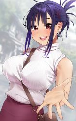 Rule 34 | 1girl, bag, bare shoulders, between breasts, blush, bra visible through clothes, breasts, brown eyes, commentary request, earrings, elder cousin (igarashi kyouhei), folded hair, hair ornament, handbag, highres, igarashi kyouhei, jewelry, large breasts, looking at viewer, open mouth, original, outstretched hand, purple hair, red skirt, ribbed shirt, shirt, sidelocks, skirt, sleeveless, sleeveless shirt, strap between breasts, turtleneck, x hair ornament