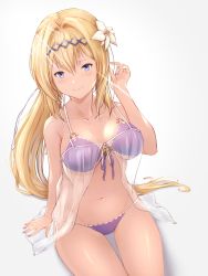 Rule 34 | 1girl, arm at side, babydoll, bikini, blonde hair, blush, breasts, chokuro, closed mouth, collarbone, commentary request, flower, front-tie bikini top, front-tie top, gluteal fold, gradient background, granblue fantasy, grey background, hair between eyes, hair flower, hair ornament, hand up, highres, jeanne d&#039;arc (granblue fantasy), light rays, long hair, looking at viewer, medium breasts, nail polish, navel, ponytail, purple bikini, purple eyes, purple nails, purple ribbon, revision, ribbon, see-through, side-tie bikini bottom, sidelocks, simple background, sitting, smile, solo, spaghetti strap, stomach, sunbeam, sunlight, swimsuit, tareme, thigh gap, thighs, underboob, very long hair, white flower, white ribbon