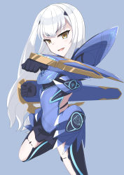 Rule 34 | 1girl, absurdres, arm guards, armor, blue background, melusine (fate), fate/grand order, fate (series), highres, long hair, looking at viewer, mecha musume, open mouth, riichi (yamataku0), simple background, smile, solo, standing, white hair, yellow eyes