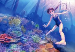 Rule 34 | 1girl, :t, absurdres, air bubble, bare legs, bare shoulders, barefoot, blue eyes, blush, brown hair, bubble, competition school swimsuit, coral, feet, freediving, highres, holding breath, long hair, looking at viewer, ocean, one-piece swimsuit, original, scan, school swimsuit, smile, solo, swimming, swimsuit, takoyaki (roast), toes, twintails, underwater, water
