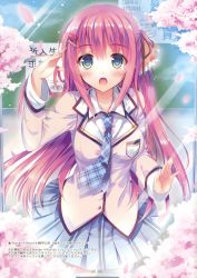 Rule 34 | 1girl, absurdres, black ribbon, blue necktie, blue skirt, cherry blossoms, cowboy shot, floating hair, green eyes, hair ornament, hair ribbon, hand in own hair, highres, hisama kumako, jacket, long hair, looking at viewer, necktie, one side up, open mouth, original, outdoors, pink hair, pleated skirt, ribbon, skirt, solo, standing, tree, very long hair, white jacket