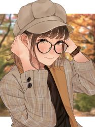 Rule 34 | 1girl, adjusting hair, black-framed eyewear, black shirt, blazer, blurry, blurry background, blush, brown eyes, brown hair, brown hat, brown jacket, buttoned cuffs, buttons, closed mouth, expressionless, glasses, grey hat, hands up, hat, highres, jacket, long sleeves, looking at viewer, medium hair, mole, mole under eye, original, outdoors, outside border, plaid, plaid jacket, saitou (lynx-shrike), shirt, solo, tree, watch
