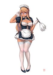 Rule 34 | 1girl, alma armas, alternate costume, apron, black footwear, blonde hair, breasts, brown eyes, cleavage, cleavage cutout, clothing cutout, commentary request, dark-skinned female, dark skin, dress, duster, enmaided, finalcake, full body, garter straps, glasses, gloves, high heels, highres, lace, lace-trimmed legwear, lace trim, large breasts, long hair, looking over eyewear, maid, maid headdress, over-rim eyewear, pigeon-toed, puffy short sleeves, puffy sleeves, pumps, red-framed eyewear, see-through, see-through legwear, semi-rimless eyewear, short dress, short sleeves, solo, standing, thighhighs, va-11 hall-a, waist apron, white background, white gloves, white thighhighs, zettai ryouiki