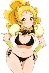 Rule 34 | 10s, 1girl, bad id, bad pixiv id, bikini, black bikini, blonde hair, breasts, cleavage, cure honey, hands on own hips, happinesscharge precure!, highres, large breasts, long hair, looking at viewer, magical girl, navel, oomori yuuko, ponytail, precure, side-tie bikini bottom, simple background, sketch, smile, solo, swimsuit, takeashiro, thigh gap, white background, yellow eyes