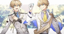 Rule 34 | 2boys, aiguillette, black shirt, blonde hair, blue eyes, blue gemstone, blue necktie, buttons, capelet, collared shirt, commission, diamond button, double-breasted, dual persona, gem, gloves, gold trim, grey shirt, hair between eyes, highres, holding, holding gem, holostars, jacket, kishido temma, lapel pin, leaf, looking at object, male focus, multiple boys, necktie, official alternate costume, open mouth, parted lips, sash, second-party source, shirt, short hair, shoulder sash, smile, surprised, teeth, tie clip, tuo zzzzz, two-sided fabric, upper body, virtual youtuber, white capelet, white gloves, white jacket, yellow necktie, yellow sash