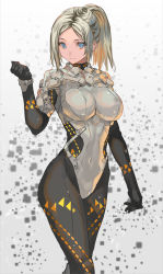 Rule 34 | 1girl, blonde hair, blue eyes, bodysuit, breasts, clenched hand, cowboy shot, large breasts, looking at viewer, original, parted bangs, ponytail, ran&#039;ou (tamago no kimi), smile, solo