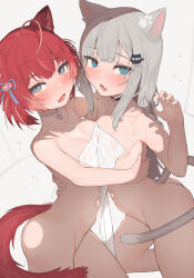 Rule 34 | 2girls, ahoge, akami karubi, animal ears, asymmetrical docking, black choker, blue eyes, blush, breast press, breasts, cat ears, cat girl, cat tail, choker, claw pose, commentary request, completely nude, covering privates, fang, grey hair, hair ornament, hairclip, heart, heart choker, highres, indie virtual youtuber, long hair, looking at viewer, madana (xesa7885), multiple girls, nachoneko, navel, nude, nude cover, open mouth, purple eyes, red hair, short hair, skin fang, small breasts, tail, towel, virtual youtuber, white choker