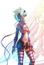 Rule 34 | 1girl, aqua hair, bare shoulders, bow (bhp), breasts, highres, navel, original, red eyes, short hair, small breasts, solo, striped clothes, striped thighhighs, thighhighs